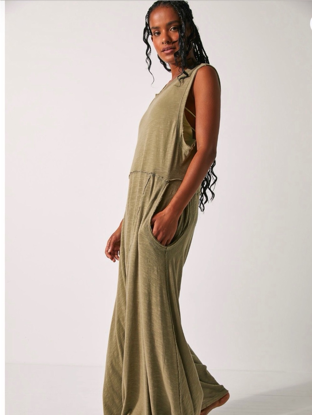 Free People Olive Green Sleeveless Wide-Leg Jumpsuit